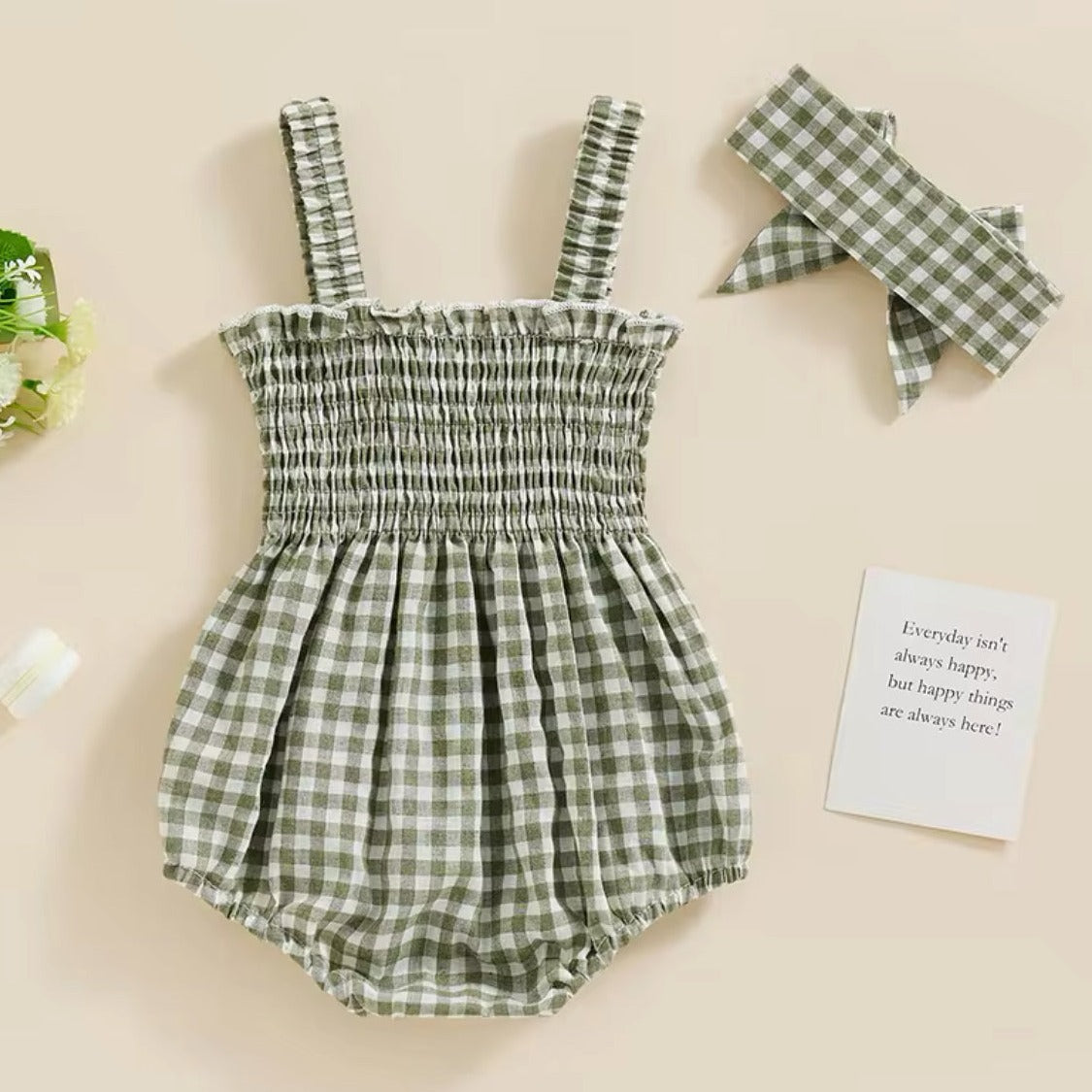 "Freya" - Gingham Romper - Olive