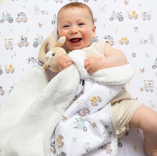 "The Living Textiles Company" - Jersey/Sherpa Pram Blanket - Tractor Ride